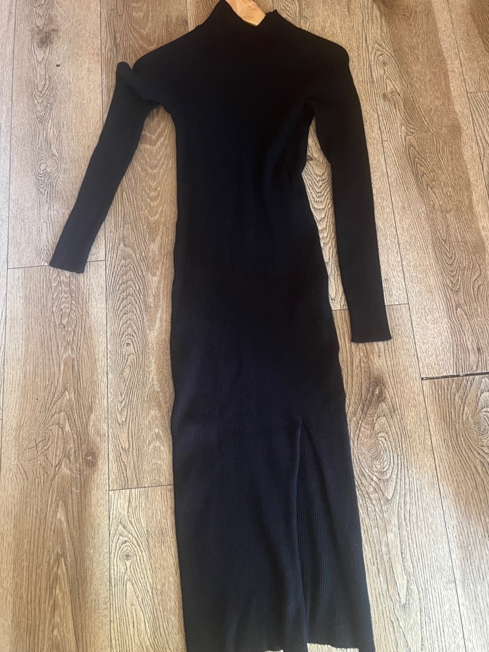 Quince Black Ribbed Mock-Neck Long Sleeve Midi Dress - Sleek Stretch Knit